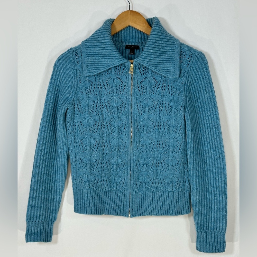 Talbots Pointelle Knit Sweater Jacket  Tweed Soft Cozy Comfy Bohemian Teal Small